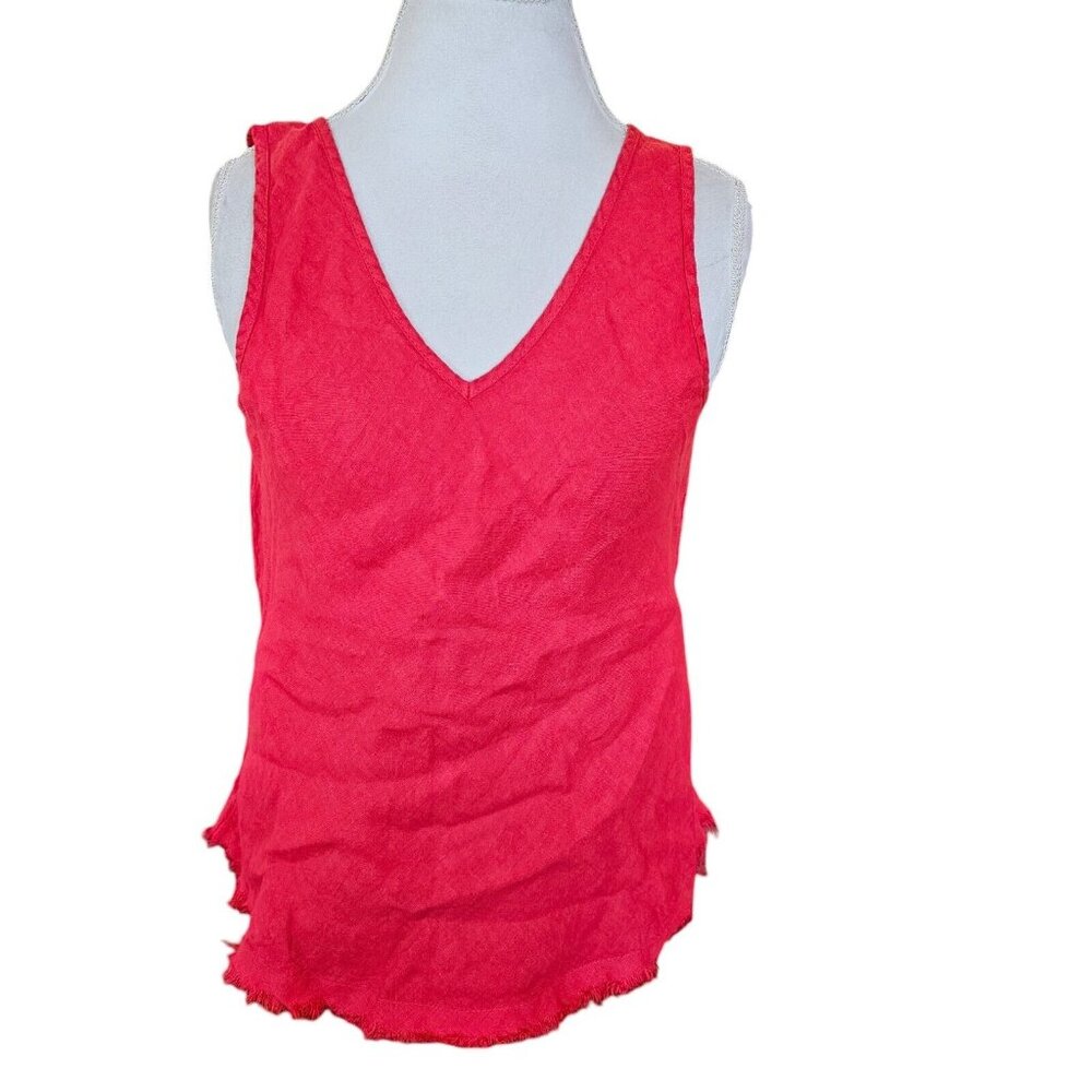 Womens Size M L Red Linen‎ Tank Sleeveless Blouse Fray Hem Italy V-neck